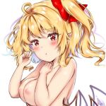  1girl alternate_breast_size blonde_hair blush bow breasts completely_nude flandre_scarlet hat hat_bow large_breasts looking_at_viewer lowres no_headwear nude one_side_up pointy_ears red_bow red_eyes sakuramiya_nya simple_background solo touhou white_background wings 