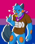 &lt;3 anthro badge bisexual bisexual_pride_colors blue_body blue_fur bottomless brown_clothing brown_shirt brown_topwear canid canine canis clothed clothing featureless_crotch female fin food fruit fur generation_3_pokemon gesture handpaw head_tuft hi_res hybrid lgbt_pride male mammal nintendo orange_body orange_eyes orange_gills orange_nose orange_pawpads orange_scales outline pantsless pattern_clothing pattern_scarf pawpads paws persim_berry persim_scarf plant pointing pokemon pokemon_(species) pokemon_berry pokemon_mystery_dungeon portrait pride_colors ryeon scales scarf shirt slightly_muscular_male smile smiling_at_viewer solo splatoon striped_clothing striped_scarf stripes swampert swolfpert t-shirt tail tail_fin three-quarter_portrait topwear tuft white_outline wolf xevy
