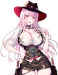  1girl breasts button_gap choker cleavage collarbone collared_shirt corset cowboy cowboy_hat gun hat highres hololive hololive_english holster kamiya_maneki large_breasts long_hair long_sleeves looking_at_viewer midriff mori_calliope mori_calliope_(sheriff) official_alternate_costume pink_eyes pink_hair red_eyes revolver sheriff_badge shirt shorts simple_background skindentation solo star_(symbol) sweat thick_thighs thigh_gap thigh_strap thighs very_long_hair vest virtual_youtuber weapon white_background white_shirt 