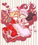  2girls ascot bat_wings blonde_hair bow breasts brooch brown_background collared_shirt crystal flandre_scarlet frilled_shirt_collar frilled_skirt frilled_sleeves frills full_body hair_between_eyes hat hat_ribbon heart highres jewelry katai_(nekoneko0720) laevatein_(touhou) medium_breasts medium_hair mob_cap multicolored_wings multiple_girls open_mouth pink_headwear pink_shirt pink_skirt puffy_short_sleeves puffy_sleeves purple_hair red_ascot red_bow red_brooch red_eyes red_footwear red_ribbon red_skirt remilia_scarlet ribbon ribbon-trimmed_headwear ribbon_trim shirt shoe_soles short_sleeves siblings simple_background sisters skirt sleeve_bow sleeve_ribbon striped_background teeth touhou upper_teeth_only white_headwear white_shirt wings wrist_cuffs yellow_ascot 