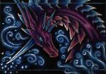 aceo ambiguous_gender black_background blue_border blue_eyes blue_horn blue_spines border dragon feral glitter horn low_res purple_body purple_scales scales selianth simple_background solo sparkles water