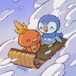  :d ^_^ artist_name blue_sky clear_sky closed_eyes closed_mouth commentary day english_commentary highres looking_back mouth_hold no_humans open_mouth outdoors piplup pokemon pokemon_(creature) poqu sitting sky sled sledding smile snow torchic winter 