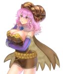  1girl alchemist_(ragnarok_online) bangs blush breasts brown_cape brown_dress brown_horns cape cleavage commentary_request cowboy_shot dress elbow_gloves fake_horns fingerless_gloves fur_collar gloves horns large_breasts long_hair looking_afar magatama magatama_necklace misuguu open_mouth pink_eyes pink_hair purple_gloves ragnarok_online short_dress simple_background solo strapless strapless_dress white_background 