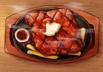  butter food food_focus highres kaneko_ryou meat no_humans original sauce steak still_life table tray wooden_table wooden_tray 