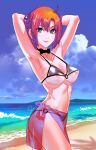  1girl armpits arms_up bikini breasts character_request collarbone copyright_request highres looking_at_viewer medium_breasts nipple_slip nipples ocean orange_hair rapa_rachi sand sarong solo swimsuit 