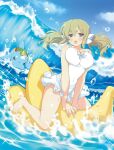  1girl :o afloat banana_boat bandaid bandaid_on_head bare_legs blonde_hair blue_bow blue_sky blush bow breasts chest_bow cleavage cloud covered_navel crown day dolphin excessive_sparkle fang groin hair_between_eyes hair_bow highres inflatable_raft kafuru_(senran_kagura) large_breasts looking_at_viewer low_twintails luka_(senran_kagura) mini_crown ocean official_art one-piece_swimsuit open_mouth outdoors purple_eyes riding senran_kagura senran_kagura_estival_versus senran_kagura_new_wave shiny_skin sky solo sparkle swimsuit swimsuit_skirt tidal_wave twintails water water_drop waves wet white_bow white_one-piece_swimsuit yaegashi_nan 