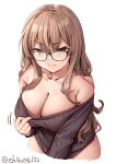  1girl bangs bare_shoulders black-framed_eyewear blush breasts brown_hair cleavage cleavage_reach closed_mouth clothes_pull collarbone commentary_request cropped_arms cropped_legs dress ebifurya eyebrows_visible_through_hair glasses green_eyes highres large_breasts light_brown_hair long_hair long_sleeves looking_at_viewer mole mole_on_breast no_bra off_shoulder original pink_lips pulled_by_self ribbed_sweater smile smug solo sweater sweater_dress twitter_username wavy_hair white_background 