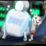 big_diaper canid canine canis clean_diaper clothed clothed_feral clothing diaper domestic_dog feral hi_res jupiters koromaru looking_back male mammal open_mouth pawpads persona_(series) persona_3 raised_tail red_eyes solo tail text text_on_diaper tongue tongue_out underwear