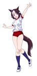  1girl absurdres animal_ears arm_up black_socks brown_hair buruma commentary_request full_body gym_uniform hair_between_eyes highres horse_ears horse_girl horse_tail looking_at_viewer midriff_peek multicolored_hair navel open_mouth ponzu_rui purple_eyes red_buruma shirt shoes short_hair simple_background smile sneakers socks solo special_week_(umamusume) standing standing_on_one_leg streaked_hair tail umamusume white_background white_footwear white_hair white_shirt 