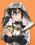  1boy arknights ayerscarpe_(arknights) bandaid bandaid_on_face bandaid_on_nose black_hair closed_mouth crossed_arms ear_piercing hair_between_eyes highres hood hood_up hooded_jacket infection_monitor_(arknights) jacket long_sleeves looking_at_viewer male_focus orange_background piercing rabbit_boy simple_background solo upper_body ynarkni 