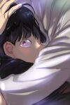  2boys black_hair close-up covered_mouth from_side gakuran glowing glowing_eyes hand_on_another&#039;s_head head_on_chest hug kageyama_shigeo long_sleeves looking_at_viewer male_focus mameal369 messy_hair mob_psycho_100 multiple_boys out_of_frame portrait profile purple_eyes school_uniform shirt short_hair white_shirt 