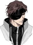  1boy aizen_sousuke black_shirt bleach bleach:_sennen_kessen-hen brown_eyes brown_hair cropped_shoulders eyepatch forehead_protector headband highres jacket looking_to_the_side ma0ma0_0 male_focus one_eye_covered parted_lips portrait shirt short_hair simple_background smile solo white_background white_jacket 