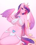 absurd_res anthro big_breasts breasts clothed clothing digital_media_(artwork) equid equine feathered_wings feathers female friendship_is_magic fur genitals hair hasbro hi_res horn horse looking_at_viewer mammal multicolored_hair my_little_pony pony princess_cadance_(mlp) simple_background smile solo stelladraco tail unicorn winged_unicorn wings
