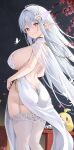  1girl absurdres albion_(azur_lane) azur_lane back bare_back blue_eyes breasts butt_crack butterfly_hair_ornament cherry_blossoms commentary commentary_request dress flower from_behind hair_between_eyes hair_ornament highres large_breasts long_hair looking_at_viewer manjuu_(azur_lane) meettheton petals pointy_ears sideboob signature smile solo standing thigh_strap thighhighs thighs white_dress white_flower white_thighhighs 