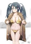  1girl akashieru artist_logo artist_name ass_visible_through_thighs bikini black_hair breasts brown_coat coat feet_out_of_frame gold_bikini green_eyes hair_ribbon highres isuzu_(kancolle) kantai_collection large_breasts long_hair one-hour_drawing_challenge open_clothes open_coat ribbon snow solo swimsuit thigh_gap 