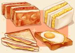  bread bread_slice brown_background cheese egg_(food) food food_focus fried_egg ham highres kaneko_ryou meat no_humans original sandwich still_life toast 