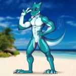  2018 4_fingers anthro beach blue_body blue_eyes deuzion dragon endertwinks featureless_crotch fingers hi_res looking_at_viewer male seaside solo tongue tongue_out 