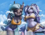 anthro bat_pony belly bottomwear breasts city clothed clothing crop_top duo ear_piercing ear_ring equid felid female hair hasbro hi_res lightly-san looking_at_viewer looming macro mammal my_little_pony pantherine piercing plantigrade ponytail raised_arm ring_piercing shirt shorts tiger topwear under_boob