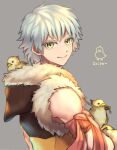  1boy armband bangs bird brown_shirt character_name chick closed_mouth commentary_request eyebrows_visible_through_hair fur-trimmed_shirt fur_trim green_eyes grey_background hooded_shirt looking_at_viewer looking_to_the_side male_focus misuguu ragnarok_online shirt short_hair simple_background sleeveless sleeveless_shirt smile sniper_(ragnarok_online) solo two-tone_shirt upper_body white_hair yellow_shirt 