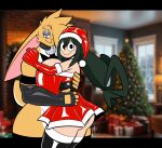 0r0 absurd_res amphibian amphibian_humanoid animal_humanoid anthro asui_tsuyu big_breasts breasts canon_x_oc christmas christmas_clothing clothing duo embrace female frog_humanoid hi_res holidays hug humanoid lagomorph leporid lettuce_(artist) looking_at_viewer male male/female mammal my_hero_academia quirked_human_(my_hero_academia) rabbit