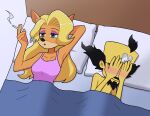 activision after_sex anthro bed bedding blanket blush covering covering_face crash_bandicoot_(series) doctor_neo_cortex duo female furniture human male male/female mammal nude_male smoking tawna_bandicoot usagi_kii