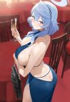  1girl ako_(blue_archive) ako_(dress)_(blue_archive) ass back backless_dress backless_outfit bare_shoulders blue_archive blue_dress blue_eyes blue_hair blue_halo blush breasts butt_crack commentary cup dress drinking_glass from_behind halo highres large_breasts looking_at_viewer looking_back medium_hair official_alternate_costume parted_lips preview_(preview0) sideboob smile solo symbol-only_commentary teeth 
