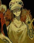  arm_tattoo black_background breasts cape chest_tattoo coat earrings feather_coat finger_tattoo fur_cape fur_coat genderswap hand_tattoo hat highres holding holding_sword holding_weapon jewelry mkmk_kmo one_piece shirt sword tattoo trafalgar_law weapon white_shirt yellow_eyes 
