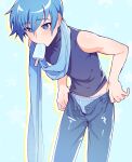  1boy bare_shoulders bent_over blue_background blue_eyes blue_hair blue_male_underwear blush briefs clothes_pull commentary cropped_legs denim food food_in_mouth highres jeans kaito_(vocaloid) looking_up male_focus male_underwear midriff_peek nifffi pants popsicle pulling pulling_off_legwear scarf star_(symbol) tank_top underwear vocaloid 