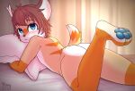 absurd_res ande_(hima_nsfw) anthro bed blue_eyes brown_hair butt canid canine curtains felid feline fox fur furniture hair hi_res hima_nsfw holding_object holding_pillow hybrid looking_at_viewer looking_back lying lynx male mammal nude on_bed on_front orange_body orange_fur pillow presenting presenting_hindquarters raised_foot solo tan_body tan_fur white_body white_fur
