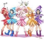  6+girls afro_puffs ahoge aliya_mahvash black_hair blue_eyes blue_hair blush boots chuatury_panlunch cosplay double_bun dress earrings gamigami_maou_(artist) gloves gundam gundam_suisei_no_majo hair_bun hat highres holding holding_wand jewelry lilique_kadoka_lipati long_hair looking_at_viewer magical_girl miorine_rembran multicolored_hair multiple_girls nika_nanaura ojamajo_doremi open_mouth pink_eyes pink_hair red_hair short_hair smile suletta_mercury thick_eyebrows wand witch_hat 