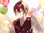  1boy albert_parker amazaki_umu balloon black_ribbon bolo_tie brown_background brown_hair brown_sweater_vest collared_shirt confetti gem glasses green_eyes green_gemstone grin hair_between_eyes hair_over_shoulder hair_ribbon hands_up highres holding holding_balloon indie_virtual_youtuber long_hair long_sleeves looking_at_viewer low_ponytail male_focus mole mole_under_mouth ribbon round_eyewear shirt smile solo streamers sweater_vest upper_body virtual_youtuber white_shirt 