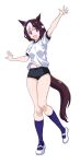  1girl absurdres animal_ears arm_up black_buruma black_socks brown_hair buruma commentary_request full_body gym_uniform hair_between_eyes highres horse_ears horse_girl horse_tail looking_at_viewer midriff_peek multicolored_hair navel open_mouth ponzu_rui purple_eyes shirt shoes short_hair simple_background smile sneakers socks solo special_week_(umamusume) standing standing_on_one_leg streaked_hair tail umamusume white_background white_footwear white_hair white_shirt 