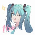  1girl aqua_eyes aqua_hair aqua_necktie commentary hatsune_miku highres long_hair looking_at_viewer necktie one_eye_closed open_mouth portrait shijinconghua simple_background smile solo sparkle teeth twintails vocaloid white_background 