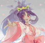  1girl :d bad_drawr_id bad_id bow breasts crown dark-skinned_female dark_skin fang grey_background index_finger_raised iris_(pokemon) japanese_clothes kimono long_hair looking_at_viewer namie oekaki open_mouth outstretched_arm pink_bow pink_kimono pokemon pokemon_bw2 red_eyes red_nails sidelocks small_breasts smile solo sparkle two-tone_kimono upper_body white_kimono wide_sleeves 