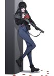  1girl absurdres black_hair boots cellphone denim digital_media_player earphones gloves gun hand_tattoo highres hood hoodie jeans leaning long_hair original pants peinlike phone pillar ponytail shotgun shotgun_shell single_glove smartphone solo sunglasses tattoo weapon white_background yellow_eyes 