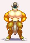  anthro balls big_balls big_penis clothing colelucario dominic_(colelucario) fan_character fishnet fishnet_legwear genitals hair hands_on_hips hi_res horn huge_penis koopa legwear male mario_bros muscular muscular_anthro muscular_male nintendo penis pompadour scalie simple_background solo standing thick_thighs video_games white_background 