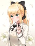  1girl absurdres ahoge artoria_pendragon_(fate) blazer blonde_hair blush bow candy chocolate collared_shirt fate/grand_order fate_(series) flower food frown green_eyes hair_bow heart heart-shaped_chocolate highres holding holding_food jacket lily_(flower) long_hair long_sleeves looking_at_viewer neck_ribbon petals ponytail ribbon saber_(fate) shirt solo sorugi_park valentine 