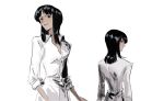  1girl black_hair blunt_bangs collared_shirt commentary highres linerynlasgalen looking_back looking_to_the_side medium_hair multiple_views nico_robin one_piece shirt sleeves_rolled_up smile symbol-only_commentary upper_body white_shirt 