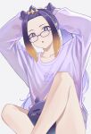  1girl absurdres arms_up english_commentary forehead glasses highres hololive long_hair long_sleeves looking_at_viewer ninomae_ina&#039;nis nuebunny open_mouth purple_eyes purple_hair purple_shirt shirt simple_background sitting solo takodachi_(ninomae_ina&#039;nis) tentacle_hair tying_hair virtual_youtuber white_background 