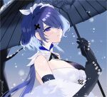  1girl arknights black_gloves blue_background blush breasts closed_mouth do2 earrings elbow_gloves expressionless eyepatch fur_shawl gloves gradient gradient_background hair_ornament hair_over_one_eye highres holding holding_umbrella jewelry large_breasts long_hair looking_at_viewer official_alternate_costume oil-paper_umbrella one_eye_covered purple_eyes purple_hair snowing solo tree twitter_username umbrella upper_body whisperain_(arknights) whisperain_(tremble_cold)_(arknights) x_hair_ornament 
