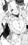  1girl apron blush breasts cleavage cleavage_cutout clothing_cutout cowboy_shot dress frilled_apron frills granblue_fantasy greyscale hair_ornament hair_over_one_eye hand_up heart heart_cutout heart_hair_ornament horns lipstick long_bangs long_hair long_sleeves looking_at_viewer makeup monochrome narmaya_(granblue_fantasy) narmaya_(valentine)_(granblue_fantasy) official_alternate_costume parted_bangs pointy_ears rakko-chan_genkou-chuu solo 