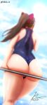  1girl artist_name ass ass_focus blue_one-piece_swimsuit blurry brown_hair butt_crack cloud cloudy_sky dated depth_of_field from_behind hair_ribbon highres lens_flare long_hair love_live! love_live!_nijigasaki_high_school_idol_club ocean one-piece_swimsuit ousaka_shizuku pagongznoterte ponytail red_ribbon ribbon signature sitting sky solo swimsuit twitter_username water 