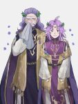  2boys arm_around_shoulder beard cape cho_yoy circlet closed_mouth crying facial_hair father_and_son fire_emblem fire_emblem:_the_sacred_stones fire_emblem_heroes flower hair_flower hair_ornament handkerchief highres holding_handkerchief long_hair long_sleeves looking_at_viewer lyon_(fire_emblem) lyon_(valentine)_(fire_emblem) medium_hair multiple_boys official_alternate_costume purple_cape purple_eyes purple_hair smile tears vigarde_(fire_emblem) vigarde_(valentine)_(fire_emblem) white_background wide_sleeves 