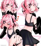  1girl absurdres artist_name black_nails black_skirt black_tank_top blush breasts detached_sleeves doki_doki_literature_club eclipxare fishnets full-face_blush hairband hands_on_own_face heart highres holding_hands jewelry makeup multiple_views nail_polish natsuki_(doki_doki_literature_club) pink_hair red_eyes ring short_hair shoulder_plates skirt small_breasts tank_top twintails white_background 