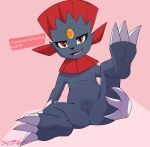  anthro butt claws dialogue digital_media_(artwork) feelin_synful feet female fur genitals hi_res looking_at_viewer mammal nintendo nude open_mouth pok&eacute;mon pok&eacute;mon_(species) presenting pussy red_eyes simple_background solo solo_focus spread_legs spreading talking_to_viewer text toe_claws video_games weavile 