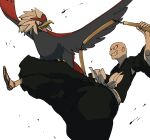  1boy bald beak bird bird_tail black_hakama black_shirt bleach braviary crossover eagle feathered_wings flying hakama holding holding_weapon houzukimaru_(shikai) japanese_clothes leg_up looking_at_another madarame_ikkaku mashita._(mentaiko_omoti) obi open_mouth pokemon pokemon_(creature) sash shihakusho shinigami shirt smile spread_wings tail waraji weapon white_background white_sash wide_sleeves wings zanpakutou 