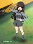  1girl :d artist_name bangs black_eyes black_hair black_legwear black_skirt blunt_bangs blurry blurry_background brown_footwear commentary_request dated day depth_of_field dress_shirt eyebrows_visible_through_hair girls_und_panzer grass grey_shirt ground_vehicle hand_on_hip highres kuromorimine_school_uniform loafers long_hair long_sleeves looking_at_viewer military military_vehicle miniskirt motor_vehicle naotosi nishizumi_shiho open_mouth outdoors panzerkampfwagen_iii pleated_skirt salute school_uniform shirt shoes skirt smile socks solo standing straight_hair tank wing_collar younger 