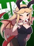  1girl animal_ears bare_arms black_leotard black_pantyhose blonde_hair blush breasts brown_eyes bunny_day card cleavage cowboy_shot detached_collar dragon_girl dragon_horns dragon_tail dragon_wings dragonewt_(monmusu_gladiator) fake_animal_ears gradient_background green_background heart highres holding holding_card horns large_breasts leotard long_hair looking_at_viewer minato_aoi monmusu_gladiator one_eye_closed outline pantyhose parted_lips playboy_bunny pointy_ears rabbit_ears red_tail red_wings simple_background solo tail white_outline wings wrist_cuffs 