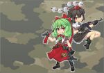  1girl arm_ribbon black_hair boots bow brown_shirt camouflage_background frilled_ribbon frilled_skirt frills front_ponytail full_body geta gloves green_hair gun hair_bow hair_ribbon hat high-low_skirt kagiyama_hina looking_at_viewer machine_gun mikan_riji multicolored_background open_mouth puffy_short_sleeves puffy_sleeves red_bow red_eyes red_footwear red_headwear red_ribbon ribbon shameimaru_aya shirt short_sleeves skirt smile solo teeth tengu-geta tokin_hat touhou upper_teeth_only weapon white_shirt 