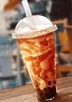  absurdres blurry blurry_background bubble_tea cup disposable_cup drink drinking_straw food food_focus highres kaneko_ryou no_humans original outdoors still_life table wooden_table 